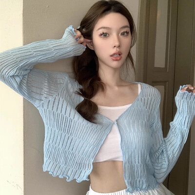 Ljeto, žene, tanki kardigan za zaštitu od sunca, pletena odjeća na vezanje, ženske korejske majice, kratki rukavi, ležerni, zaštićeni od sunca