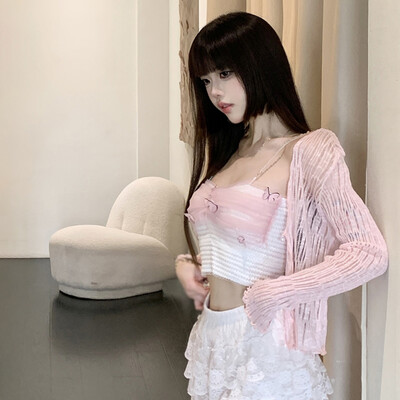 Ljeto, žene, tanki kardigan za zaštitu od sunca, pletena odjeća na vezanje, ženske korejske majice, kratki rukavi, ležerni, zaštićeni od sunca