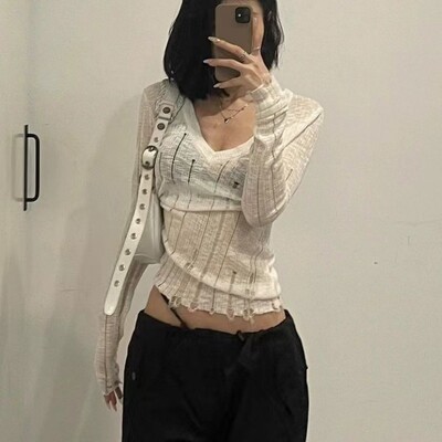 Deeptown Coquett Y2K Ženski pleteni džemper Izdubljena pletenina Puloveri s V izrezom Proljetni prozirni džemper Harajuku Fashion Grunge