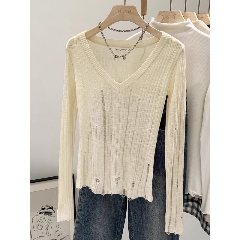 Deeptown Coquett Y2K Ženski pleteni džemper Izdubljena pletenina Puloveri s V izrezom Proljetni prozirni džemper Harajuku Fashion Grunge