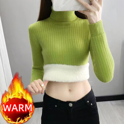 Zimski pulover s dolčevitom Ženski elegantni topli pulover s podstavom od debljeg flisa s podstavom od suetera, uski džersej pleteni džemper