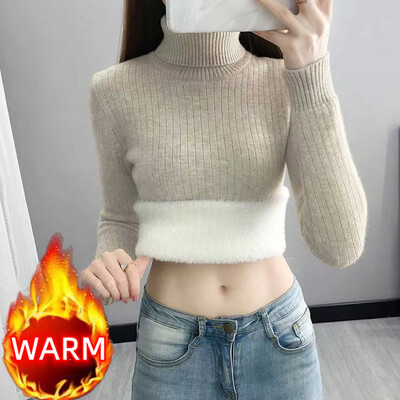 Zimski pulover s dolčevitom Ženski elegantni topli pulover s podstavom od debljeg flisa s podstavom od suetera, uski džersej pleteni džemper