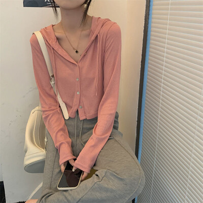 Cardigan tricotat cu glugă pentru femei de toamnă, îmbrăcăminte de stradă largi, cu un singur piept, tricotaje cu mânecă lungă pentru femei