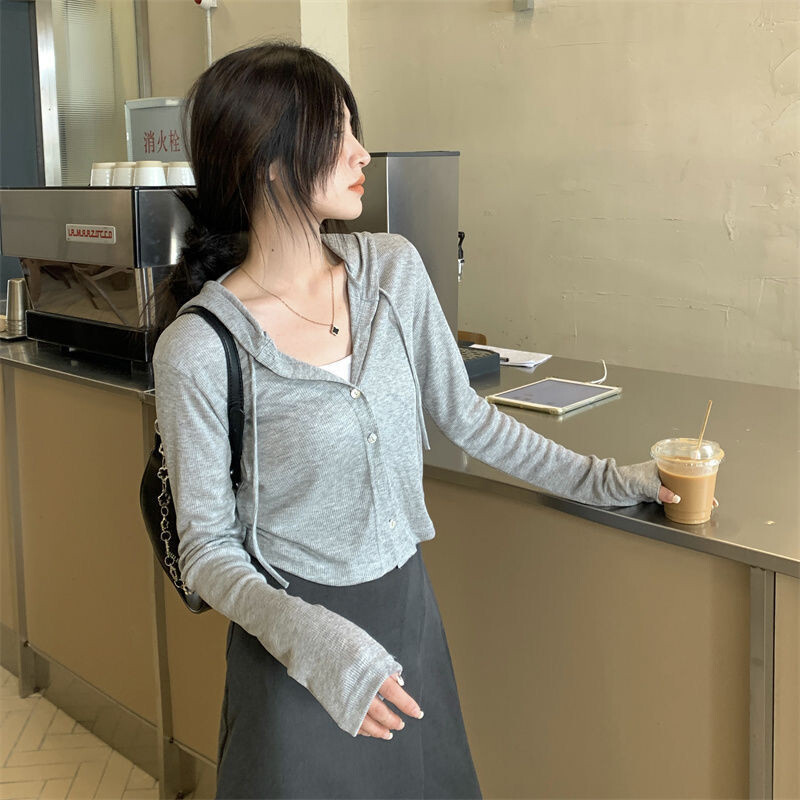 Cardigan tricotat cu glugă pentru femei de toamnă, îmbrăcăminte de stradă largi, cu un singur piept, tricotaje cu mânecă lungă pentru femei