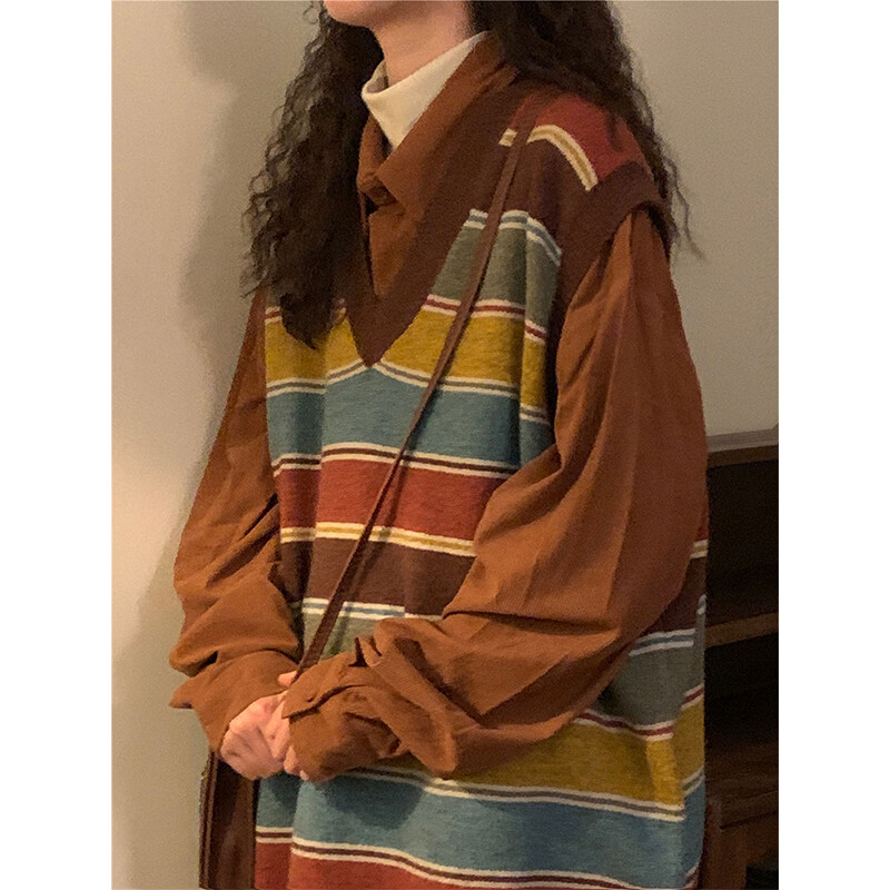 Vintage svītrains džemperis, sieviešu veste Harajuku bez piedurknēm, trikotāžas puloveri, ielu apģērbi, lielizmēra veste, trikotāža, korejiešu džemperi