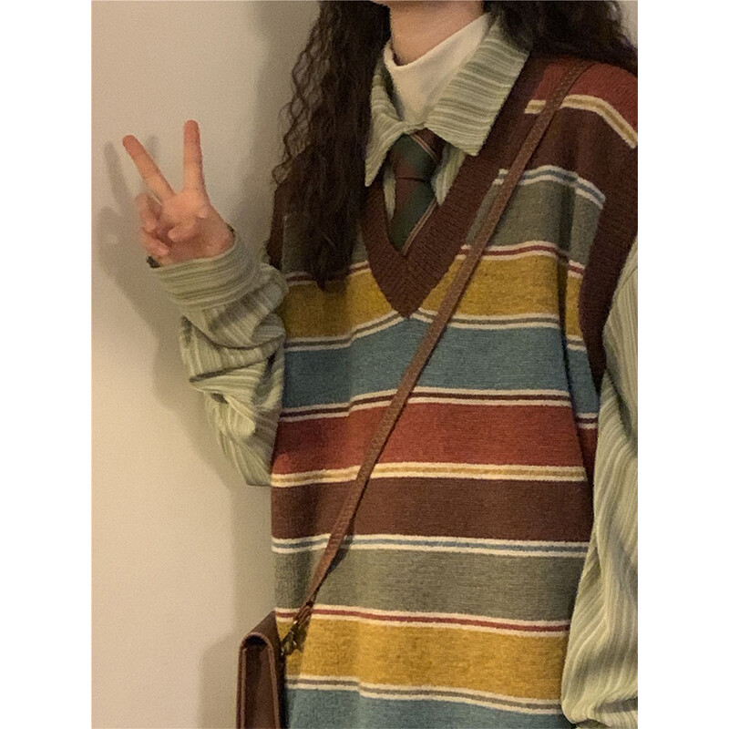 Vintage svītrains džemperis, sieviešu veste Harajuku bez piedurknēm, trikotāžas puloveri, ielu apģērbi, lielizmēra veste, trikotāža, korejiešu džemperi