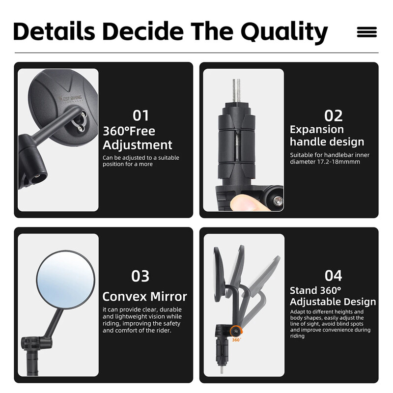 WEST BIKING Velosipēdu pretatspīduma atpakaļskata spogulis izliekts 360 spoguļa stūres gala pagarinājums riteņbraukšanas sānu spogulis MTB piederumi