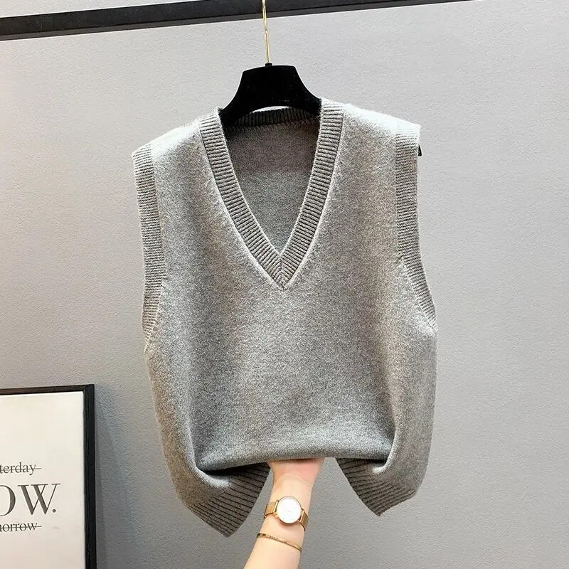 Női ujjatlan kötött pulóver, bő V nyakú, ujjatlan kötöttáru mellény női Crop Knit Gilet egyszínű mellény