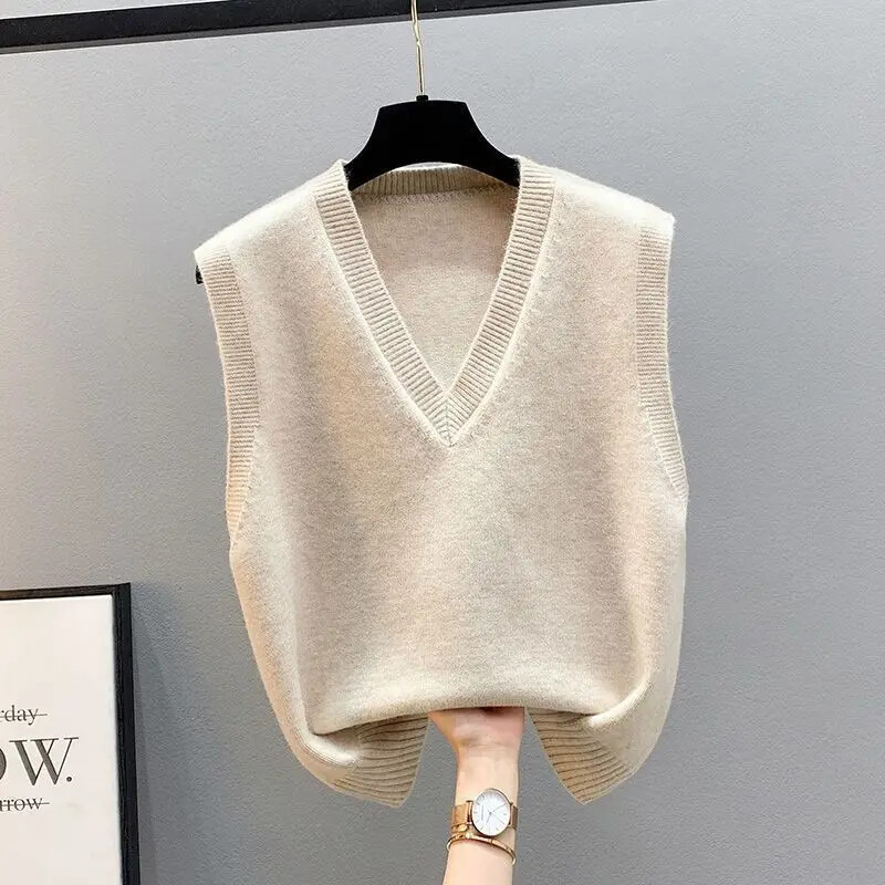Női ujjatlan kötött pulóver, bő V nyakú, ujjatlan kötöttáru mellény női Crop Knit Gilet egyszínű mellény