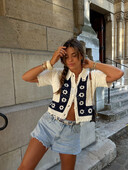 Modes kontrasta apdruka ar dobu atloku Trikotāžas jaciņa Sieviešu šiks īsām piedurknēm džemperis ar vienrindu mētelis Sieviešu trikotāža