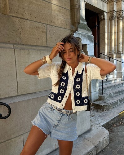 Modes kontrasta apdruka ar dobu atloku Trikotāžas jaciņa Sieviešu šiks īsām piedurknēm džemperis ar vienrindu mētelis Sieviešu trikotāža