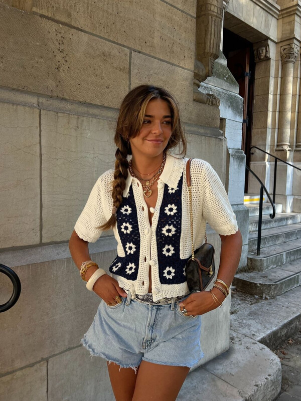 Modes kontrasta apdruka ar dobu atloku Trikotāžas jaciņa Sieviešu šiks īsām piedurknēm džemperis ar vienrindu mētelis Sieviešu trikotāža