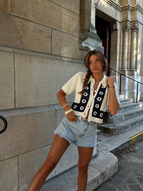 Modes kontrasta apdruka ar dobu atloku Trikotāžas jaciņa Sieviešu šiks īsām piedurknēm džemperis ar vienrindu mētelis Sieviešu trikotāža