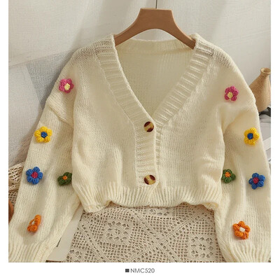 PTKPCC Nou cardigan cu flori cu aplicații colorate de toamnă pentru femei, drăguț, lung, cu decolteu în V, tricot, crop, tricotaje pentru fată