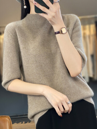 Pulover tricotat pentru femei, cașmir, cu jumătate de mânecă scurtă, 100% pură lână merinos Topuri cu gât fals Pulover Îmbrăcăminte Tricoturi