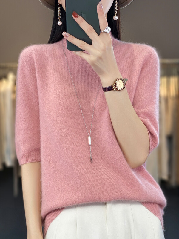 Pulover tricotat pentru femei, cașmir, cu jumătate de mânecă scurtă, 100% pură lână merinos Topuri cu gât fals Pulover Îmbrăcăminte Tricoturi