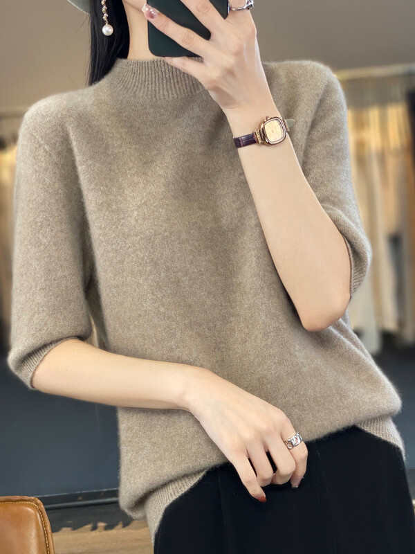 Pulover tricotat pentru femei, cașmir, cu jumătate de mânecă scurtă, 100% pură lână merinos Topuri cu gât fals Pulover Îmbrăcăminte Tricoturi