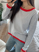 Topuri în dungi supradimensionate cu mânecă lungă pentru femei Pulovere subțiri de bază largi Pulovere de primăvară Tricouri cu mânecă lungă pentru femei Tricoturi 2024