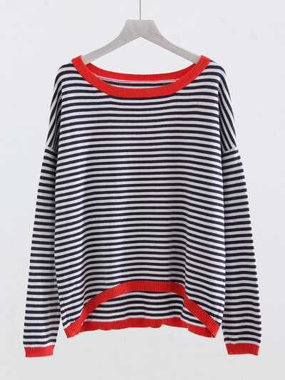 Topuri în dungi supradimensionate cu mânecă lungă pentru femei Pulovere subțiri de bază largi Pulovere de primăvară Tricouri cu mânecă lungă pentru femei Tricoturi 2024