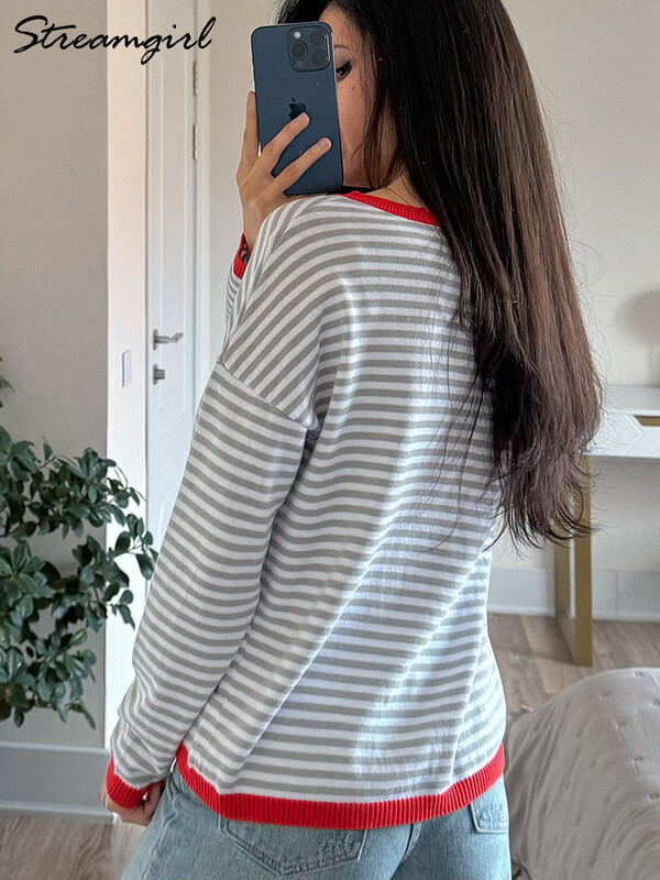 Topuri în dungi supradimensionate cu mânecă lungă pentru femei Pulovere subțiri de bază largi Pulovere de primăvară Tricouri cu mânecă lungă pentru femei Tricoturi 2024