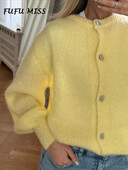 Ikdienas vienkrāsains trikotāžas jaciņš sievietēm ar O veida kakla izgriezumu garām piedurknēm, vienrindu, mājīgs džemperis 2024. gada rudenī, jaunā dāmu brīvs, slinks trikotāža