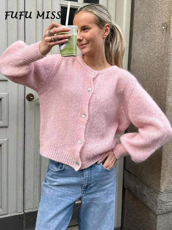 Ikdienas vienkrāsains trikotāžas jaciņš sievietēm ar O veida kakla izgriezumu garām piedurknēm, vienrindu, mājīgs džemperis 2024. gada rudenī, jaunā dāmu brīvs, slinks trikotāža