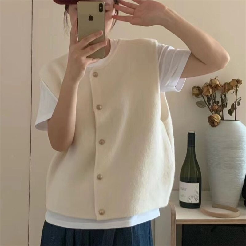 2024, primăvară, toamnă, modă coreeană, pulover cu gât rotund, vestă, de culoare uni, tricotat, tricot, cardigan fără mâneci, vestă, tricotaj