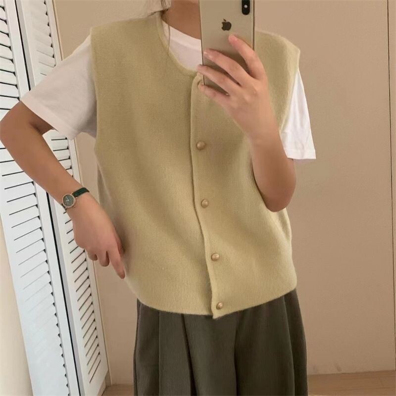 2024, primăvară, toamnă, modă coreeană, pulover cu gât rotund, vestă, de culoare uni, tricotat, tricot, cardigan fără mâneci, vestă, tricotaj