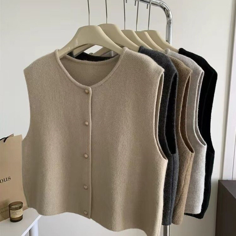 2024, primăvară, toamnă, modă coreeană, pulover cu gât rotund, vestă, de culoare uni, tricotat, tricot, cardigan fără mâneci, vestă, tricotaj