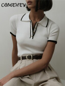 Ležerni ženski pulover kratkih rukava s kontrastnim gumbima, polo ovratnikom, tanka pletenina, jesen-zima 2024. Novi ženski puloveri za sve vrste majica