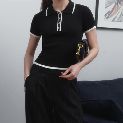 Ležerni ženski pulover kratkih rukava s kontrastnim gumbima, polo ovratnikom, tanka pletenina, jesen-zima 2024. Novi ženski puloveri za sve vrste majica