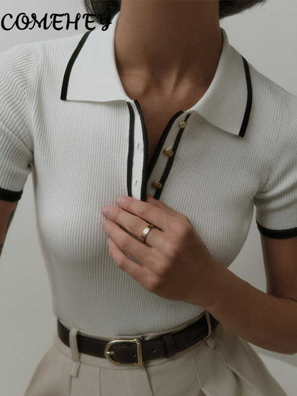 Ležerni ženski pulover kratkih rukava s kontrastnim gumbima, polo ovratnikom, tanka pletenina, jesen-zima 2024. Novi ženski puloveri za sve vrste majica