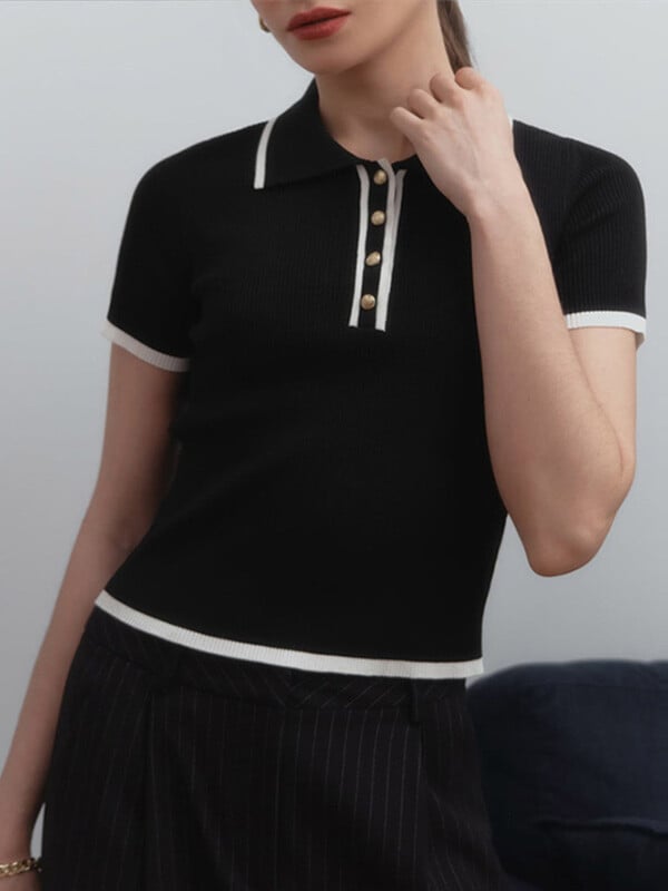 Ležerni ženski pulover kratkih rukava s kontrastnim gumbima, polo ovratnikom, tanka pletenina, jesen-zima 2024. Novi ženski puloveri za sve vrste majica