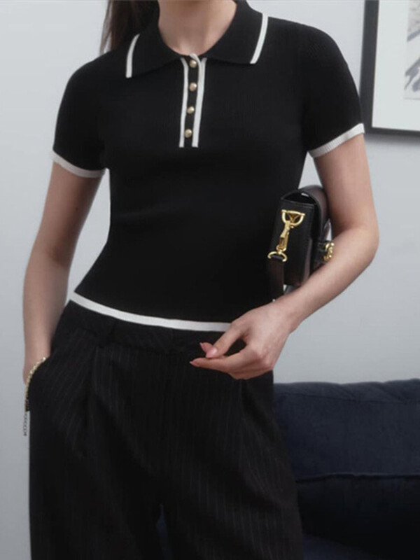 Ležerni ženski pulover kratkih rukava s kontrastnim gumbima, polo ovratnikom, tanka pletenina, jesen-zima 2024. Novi ženski puloveri za sve vrste majica