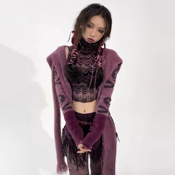 Karrcat Grunge Aesthetics Cropped Cardigan Vintage Y2k Плетен пуловер с качулка Gothic Skull Embroidery Trikothing Punk Style Emo