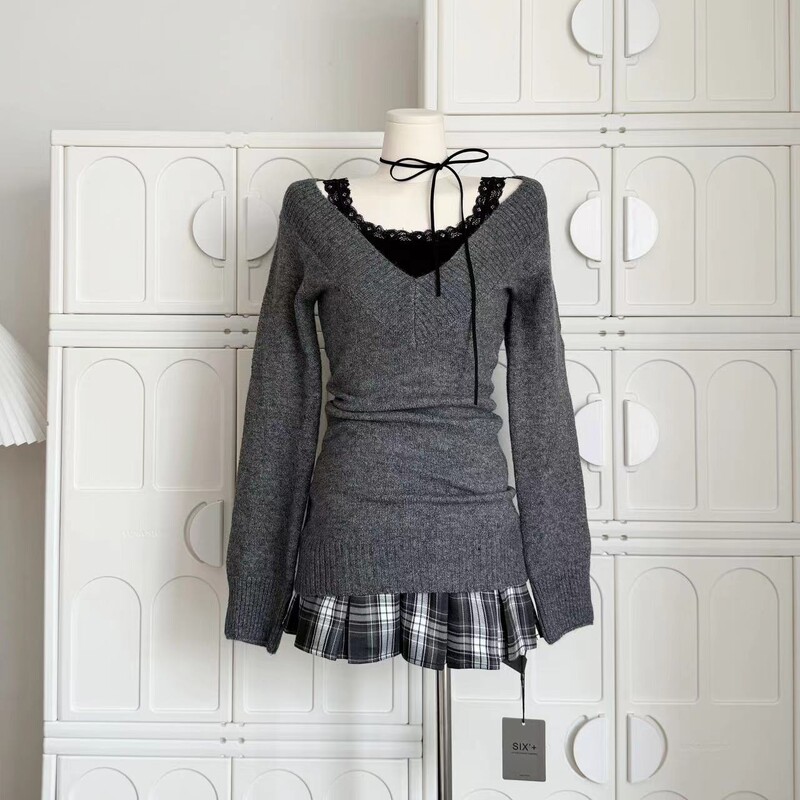 Jesen Zima Ženska Gyaru Koketa V-izrez Francuski starinski pulover Puloveri dugih rukava Pletena odjeća iz 2000-ih Estetski debeo stari novac