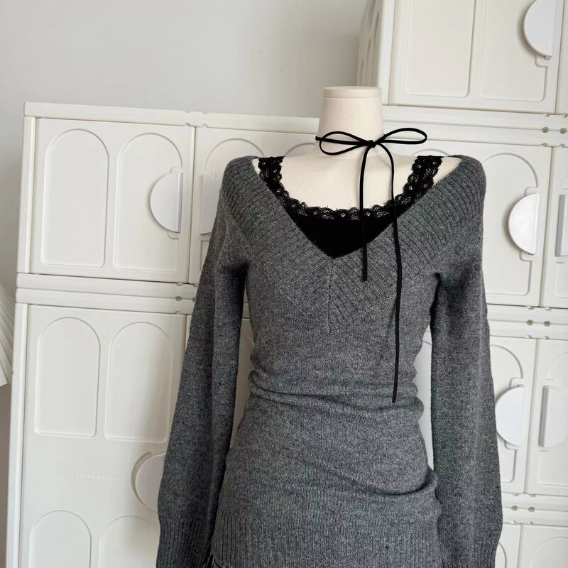 Jesen Zima Ženska Gyaru Koketa V-izrez Francuski starinski pulover Puloveri dugih rukava Pletena odjeća iz 2000-ih Estetski debeo stari novac