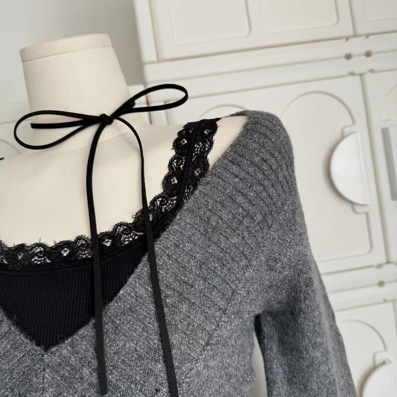 Jesen Zima Ženska Gyaru Koketa V-izrez Francuski starinski pulover Puloveri dugih rukava Pletena odjeća iz 2000-ih Estetski debeo stari novac