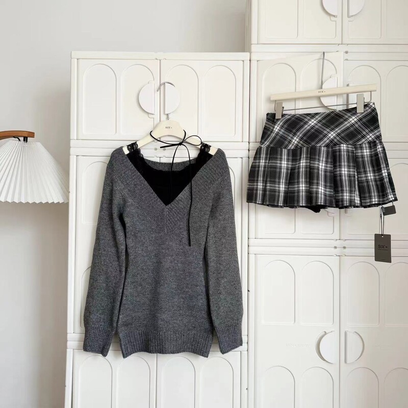 Jesen Zima Ženska Gyaru Koketa V-izrez Francuski starinski pulover Puloveri dugih rukava Pletena odjeća iz 2000-ih Estetski debeo stari novac