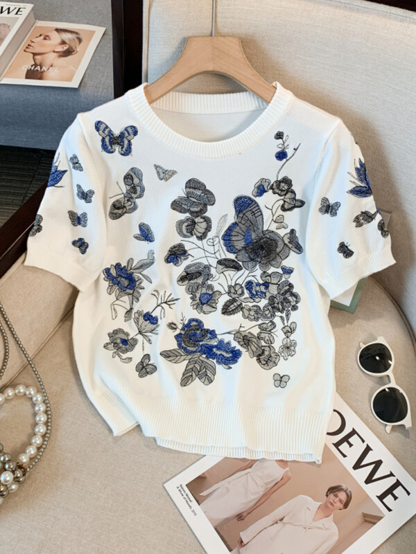 Ljetni džemperi s leptir cvjetnim vezom Ženske pletene majice s dizajnom O-izreza Mali mirisni pulover kratkih rukava Mujer