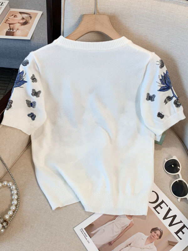 Ljetni džemperi s leptir cvjetnim vezom Ženske pletene majice s dizajnom O-izreza Mali mirisni pulover kratkih rukava Mujer