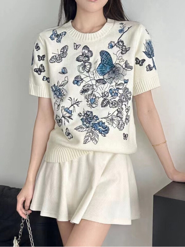 Ljetni džemperi s leptir cvjetnim vezom Ženske pletene majice s dizajnom O-izreza Mali mirisni pulover kratkih rukava Mujer