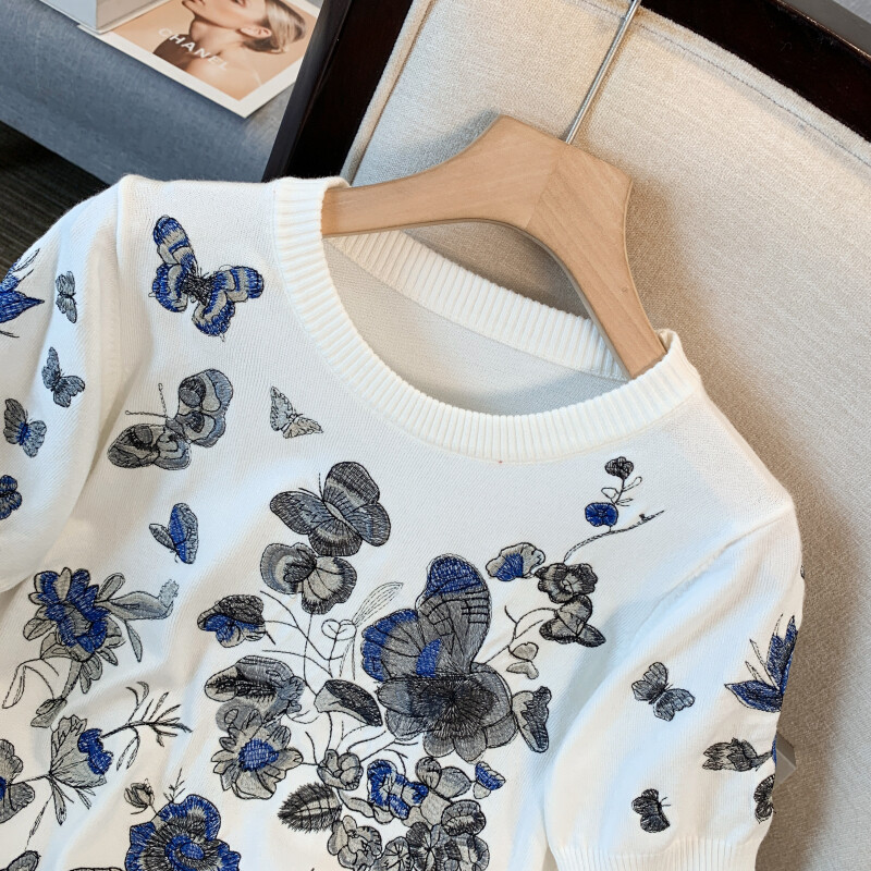 Ljetni džemperi s leptir cvjetnim vezom Ženske pletene majice s dizajnom O-izreza Mali mirisni pulover kratkih rukava Mujer