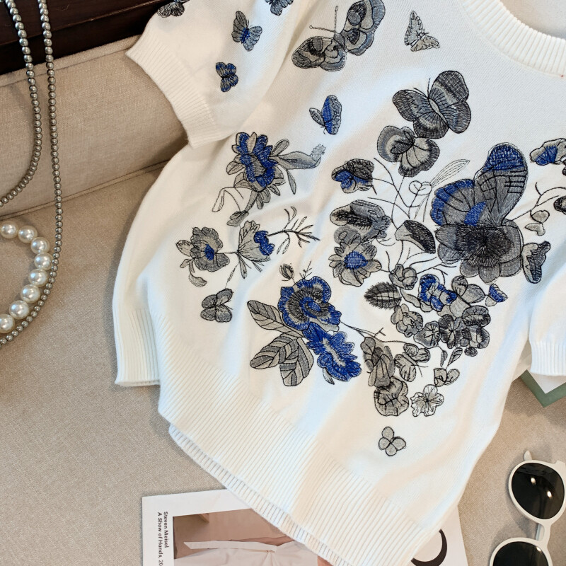 Ljetni džemperi s leptir cvjetnim vezom Ženske pletene majice s dizajnom O-izreza Mali mirisni pulover kratkih rukava Mujer