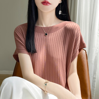 2024 Fashion Slash Γυναικείο πουλόβερ Ice Silk Πλεκτό Πλεκτό πουλόβερ Άνοιξη Καλοκαίρι Φαρδιά Casual Κορεάτικα πουκάμισα κοντά μανίκια πλεκτά