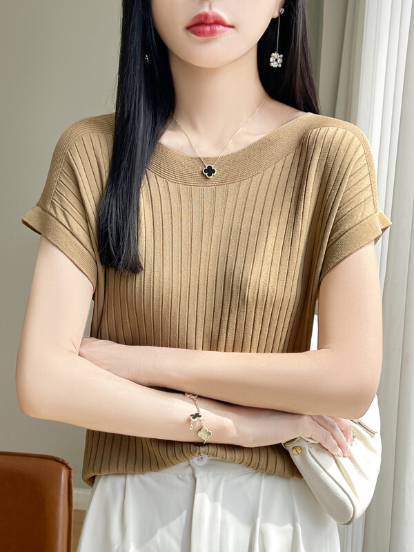 2024 Fashion Slash Γυναικείο πουλόβερ Ice Silk Πλεκτό Πλεκτό πουλόβερ Άνοιξη Καλοκαίρι Φαρδιά Casual Κορεάτικα πουκάμισα κοντά μανίκια πλεκτά