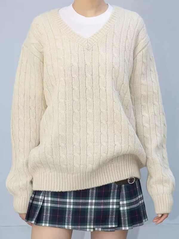 Okozati női egyszínű, V-nyakú kötött pulóverek 2023-as őszi elegáns, elegáns, hosszú ujjú pulóverek Vintage női laza kötöttáru