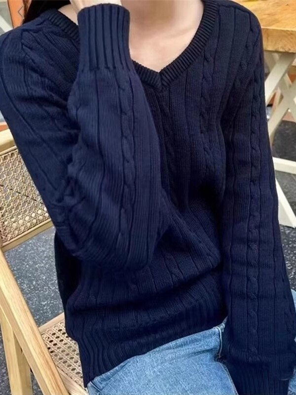 Okozati női egyszínű, V-nyakú kötött pulóverek 2023-as őszi elegáns, elegáns, hosszú ujjú pulóverek Vintage női laza kötöttáru
