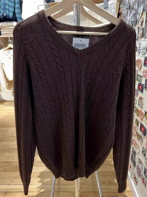 Okozati női egyszínű, V-nyakú kötött pulóverek 2023-as őszi elegáns, elegáns, hosszú ujjú pulóverek Vintage női laza kötöttáru