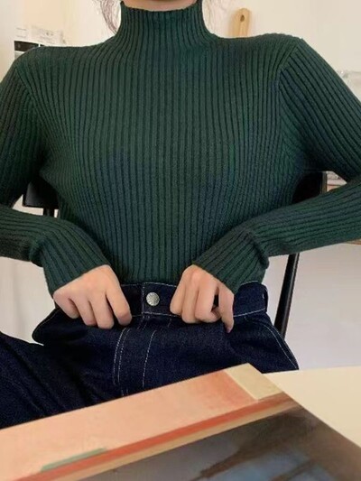 Jesen Zima Pleteni pulover Ženski 2024 Jesen Zima Korejski pulover s dolčevitom dugim rukavima Ženski džemper Zelena pletenina